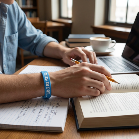 Person studying at a desk wearing a blue This Is For reminder wristband