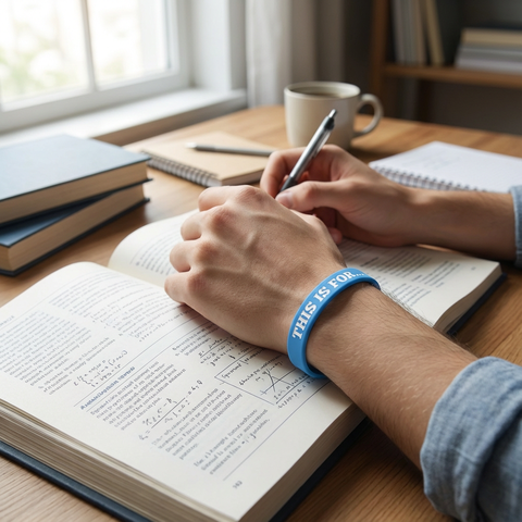 Person writing in a notebook at a desk wearing a blue This Is For reminder wristband