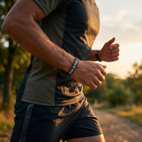 Person running outdoors wearing a This Is For wristband
