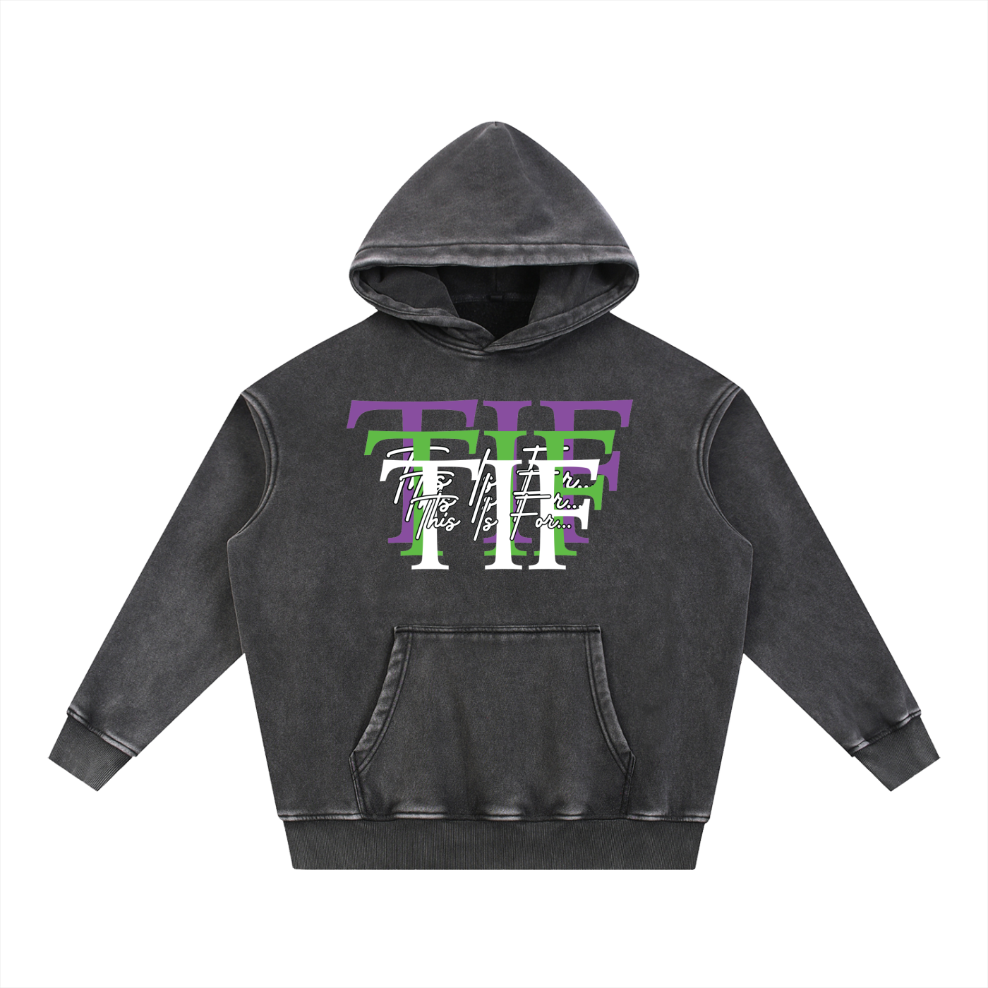 Premium 355 GSM black snow-washed oversized hoodie featuring the This Is For Community tri-logo. A wearable reminder carrying personal meaning.