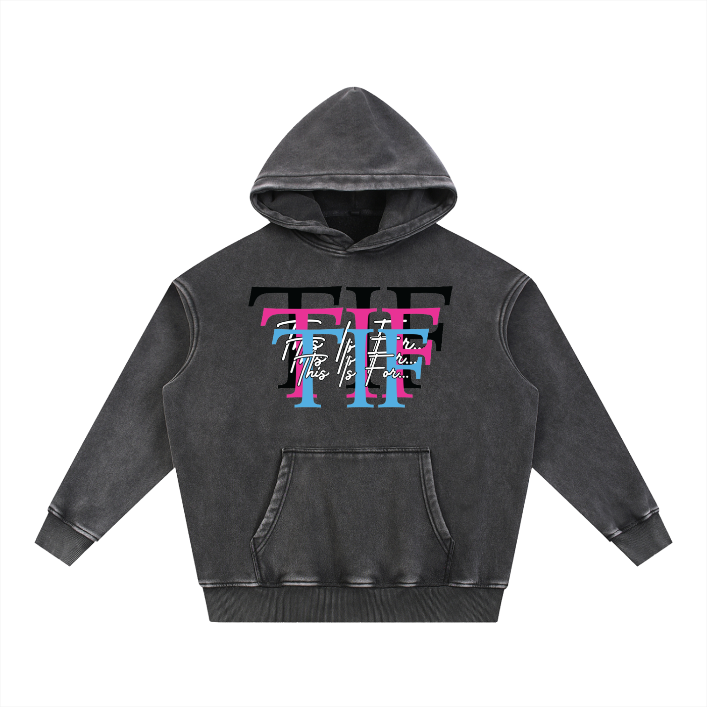 Premium 355 GSM black snow-washed oversized hoodie featuring the This Is For tri-logo. A wearable reminder carrying personal meaning.
