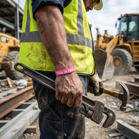 Construction worker holding tools while wearing a pink This Is For reminder wristband on site
