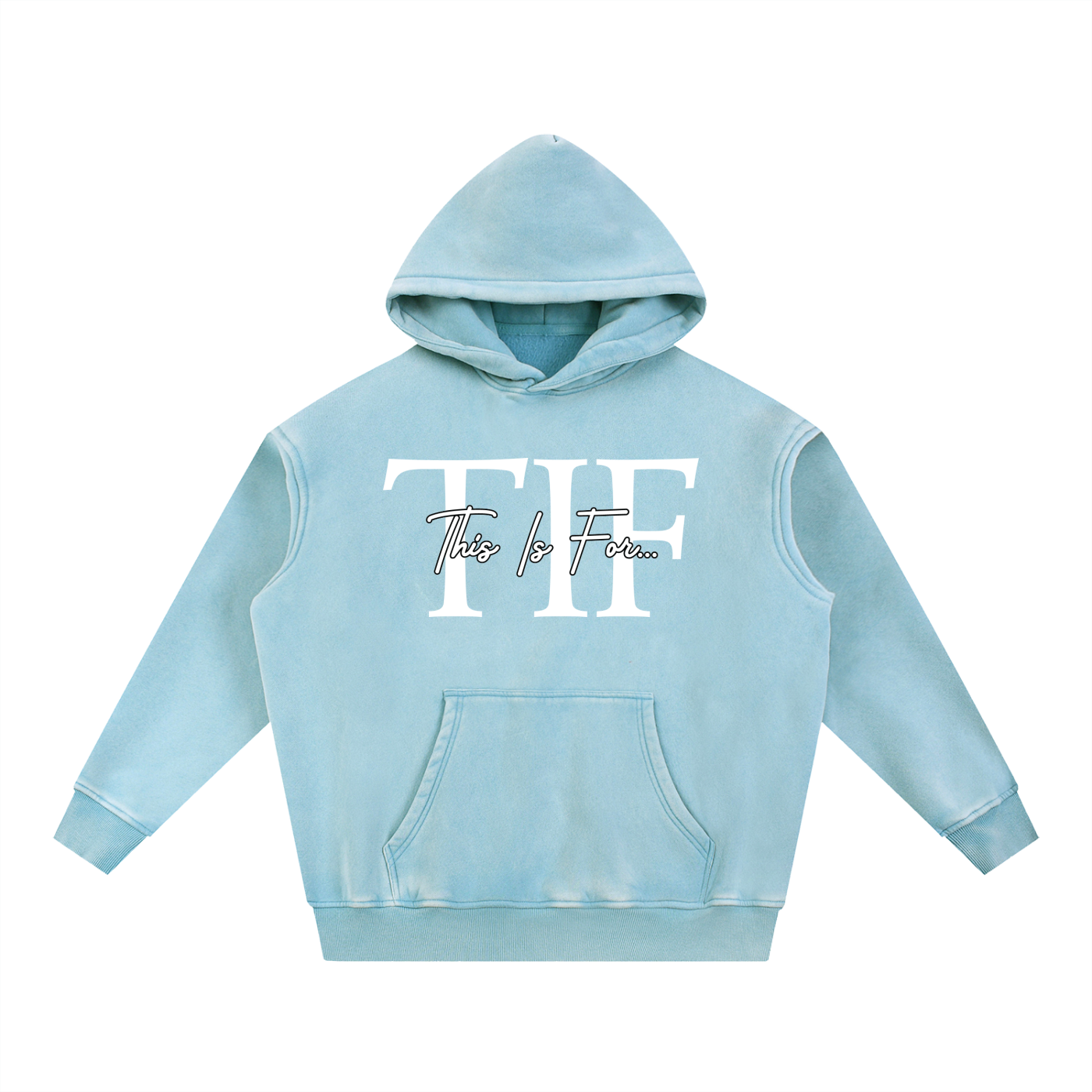 Premium 355 GSM ice blue snow-washed oversized hoodie by This Is For. A physical reminder carrying personal meaning, with front and back artwork.