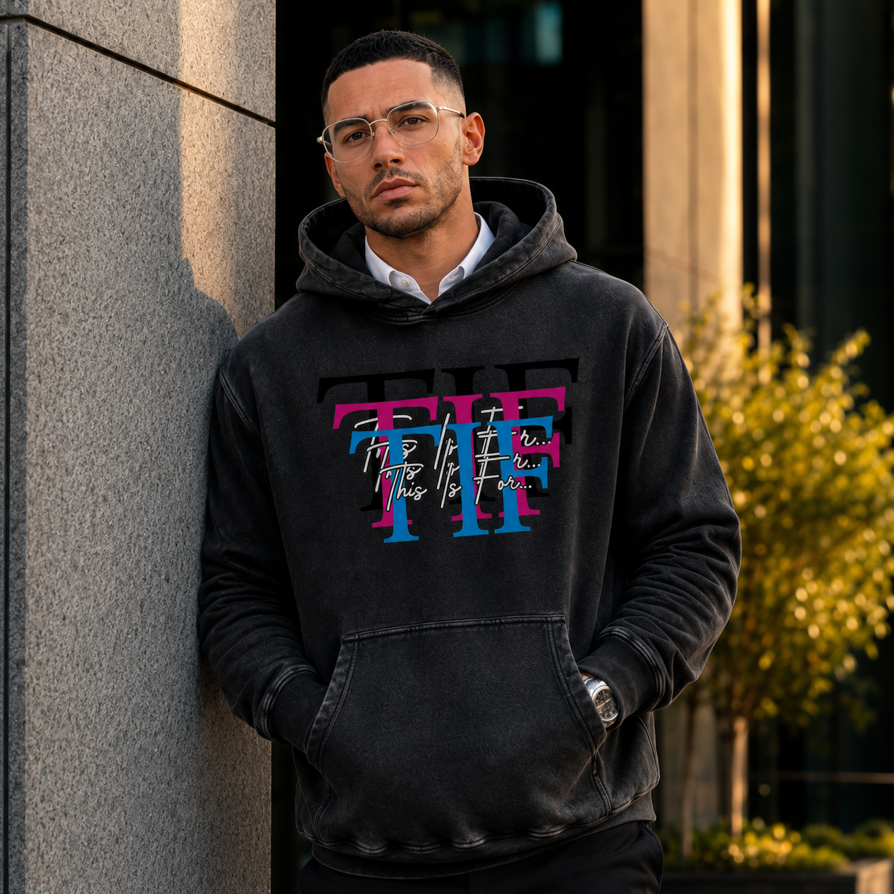 This Is For... Tri Founders Logo Snow Washed Oversized Fleece Hoodie – Black