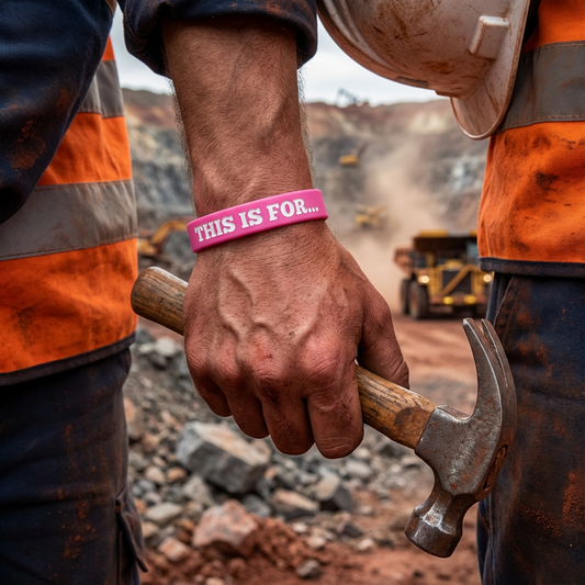 Worker holding a hammer while wearing a pink This Is For reminder wristband