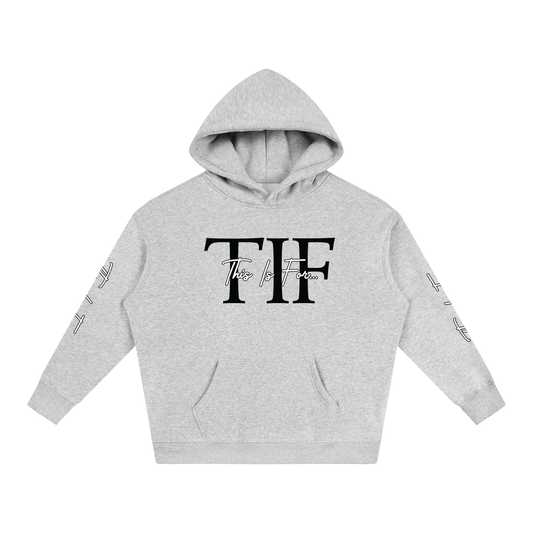 Flower Grey This Is For... Signature Black Logo Hoodie front view.